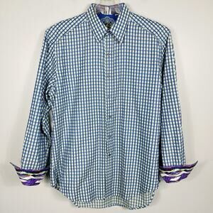 Robert Graham Flip Cuff Shirt Size Medium Blue Plaid Classic Colorful Preppy